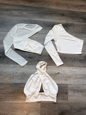 SHEIN White Trio: Asymmetric Mesh, Long Sleeve & Halter Crop Tops